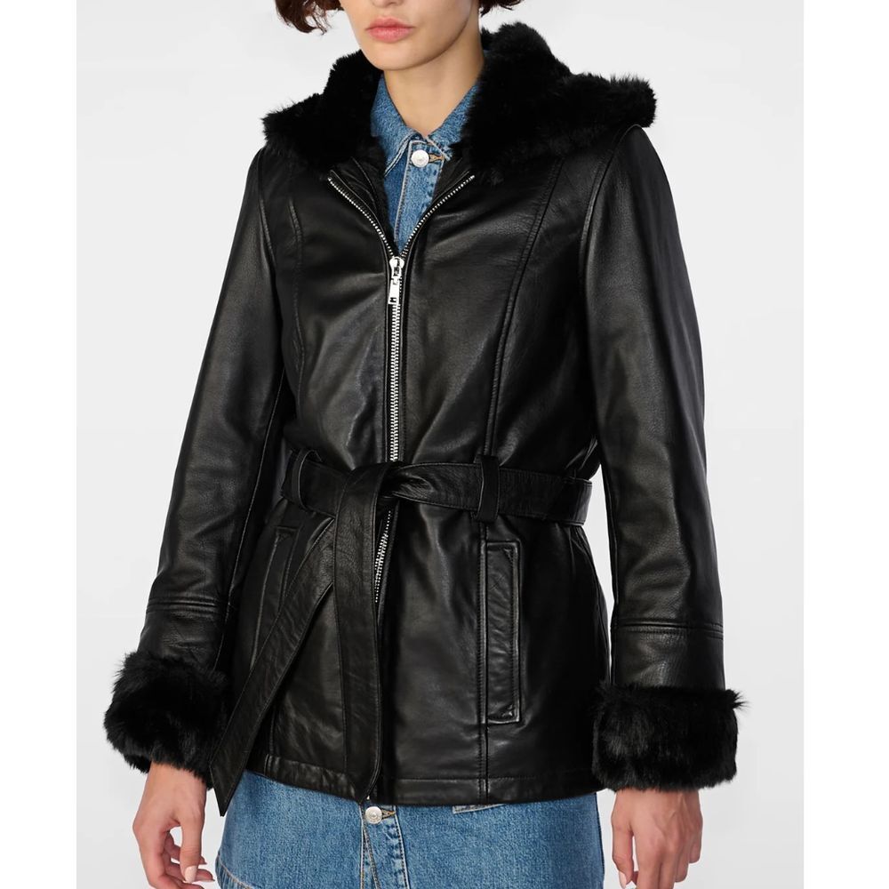 Wilsons Leather Genevieve Black Faux Fur Trim Hooded‎ Belted Jacket Size M